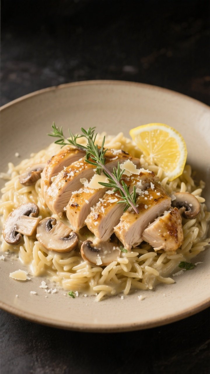 Final plated presentation: Restaurant-quality plate of creamy garlic mushroom chicken served over bu