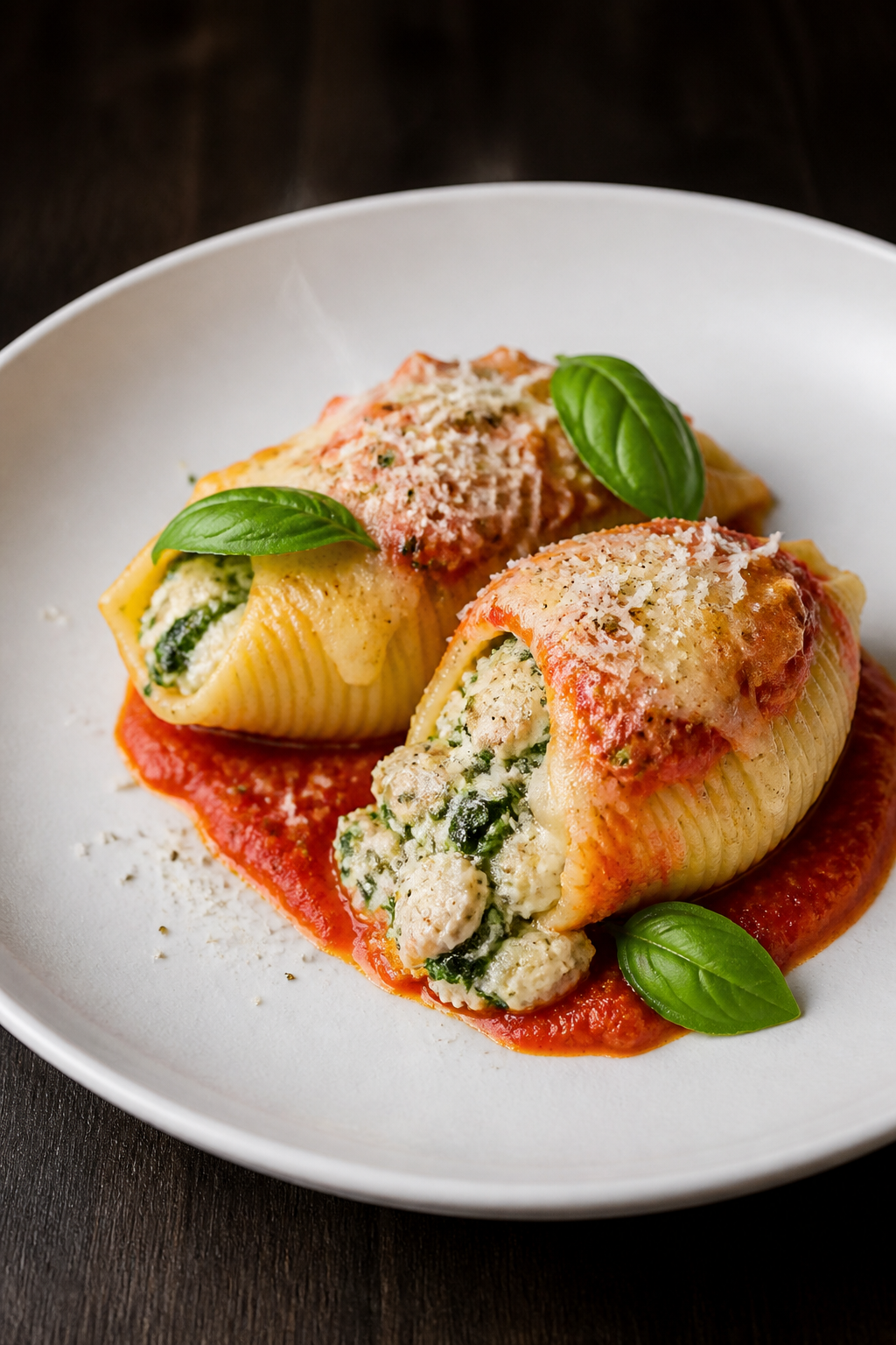 Final plated presentation: Restaurant-quality plate of 2–3 Keto Turkey Spinach Stuffed Shells nest