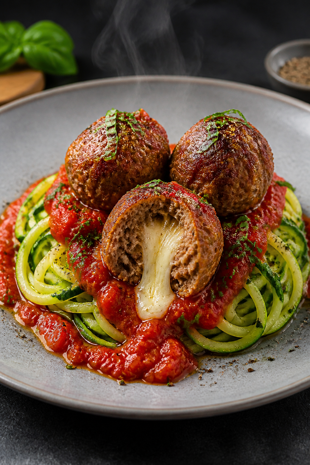 Final plated presentation: Restaurant-quality scene of three keto mozzarella stuffed meatballs serve