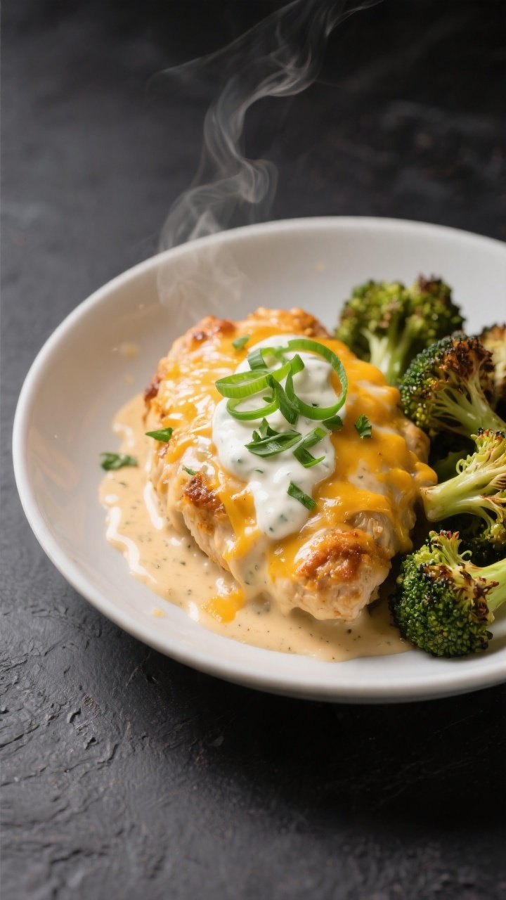 Final plated presentation: Restaurant-quality serving of Keto Buffalo Ranch Chicken Bake in a shallo