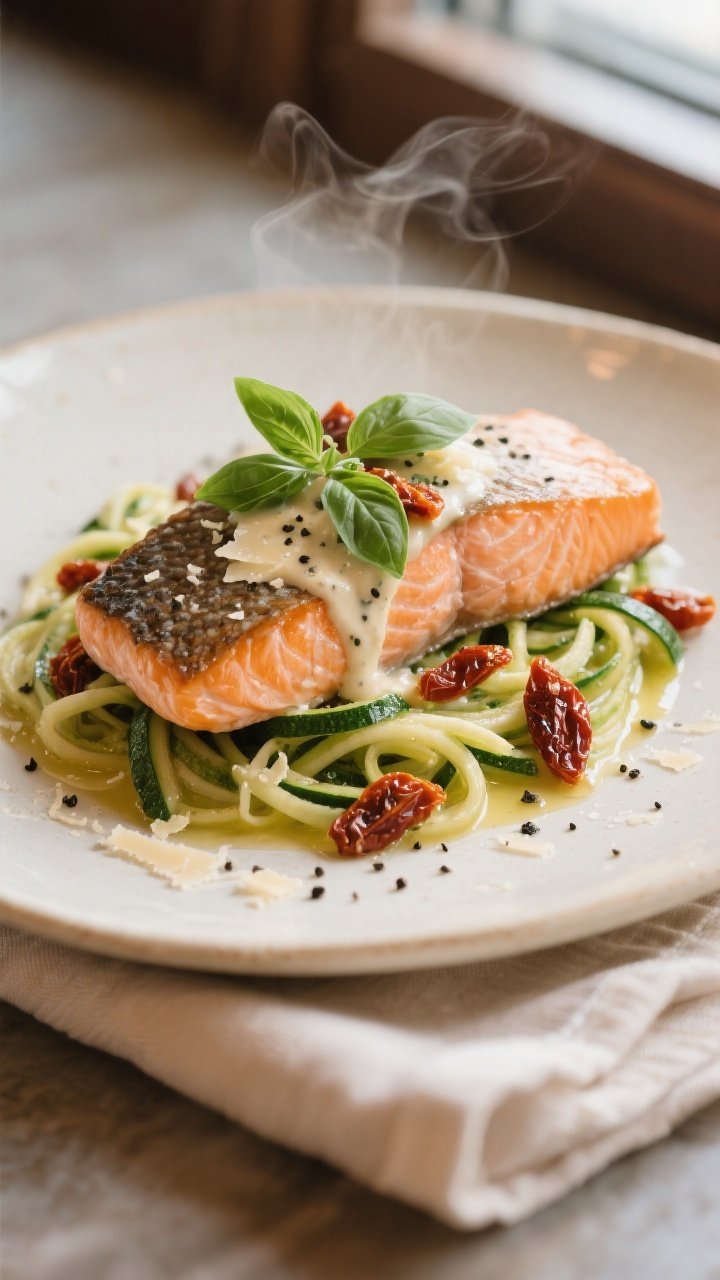 Final plated restaurant-quality presentation: a single salmon fillet set over sautéed zucchini nood