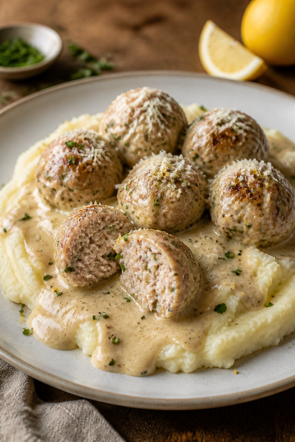 Final plated, restaurant-quality presentation: Elegantly plated creamy garlic Parmesan turkey meatba