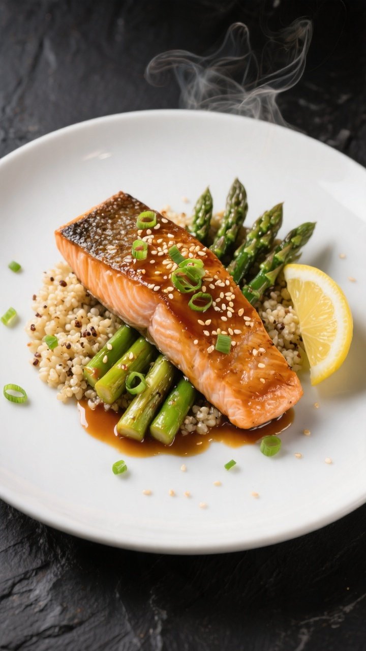 Final plated restaurant-style presentation: Beautifully plated honey garlic salmon on a matte white