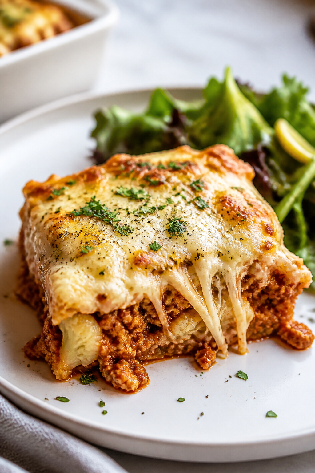 Final plated serving, cozy presentation: A generous square of the casserole served on a matte white 