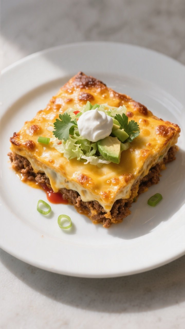 Final plated serving — golden, bubbly casserole: Beautifully plated square of Million Dollar Keto 