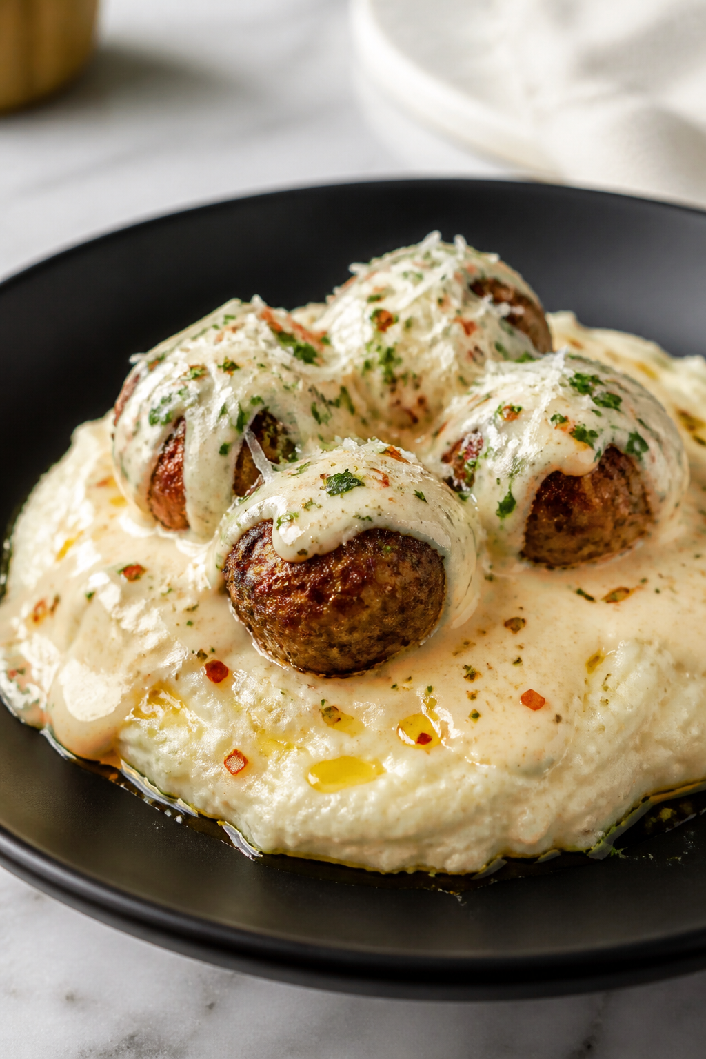 Final plated showpiece: Restaurant-quality presentation of the meatballs over creamy cauliflower mas