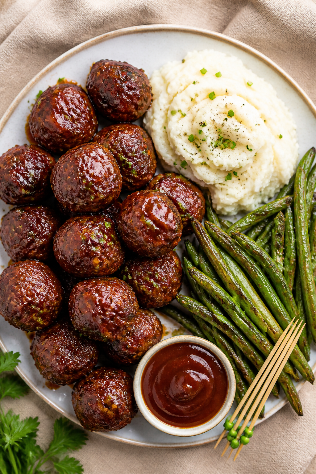 Final plated, top view: Overhead shot of a round ceramic plate piled with golf-ball–size keto BBQ 