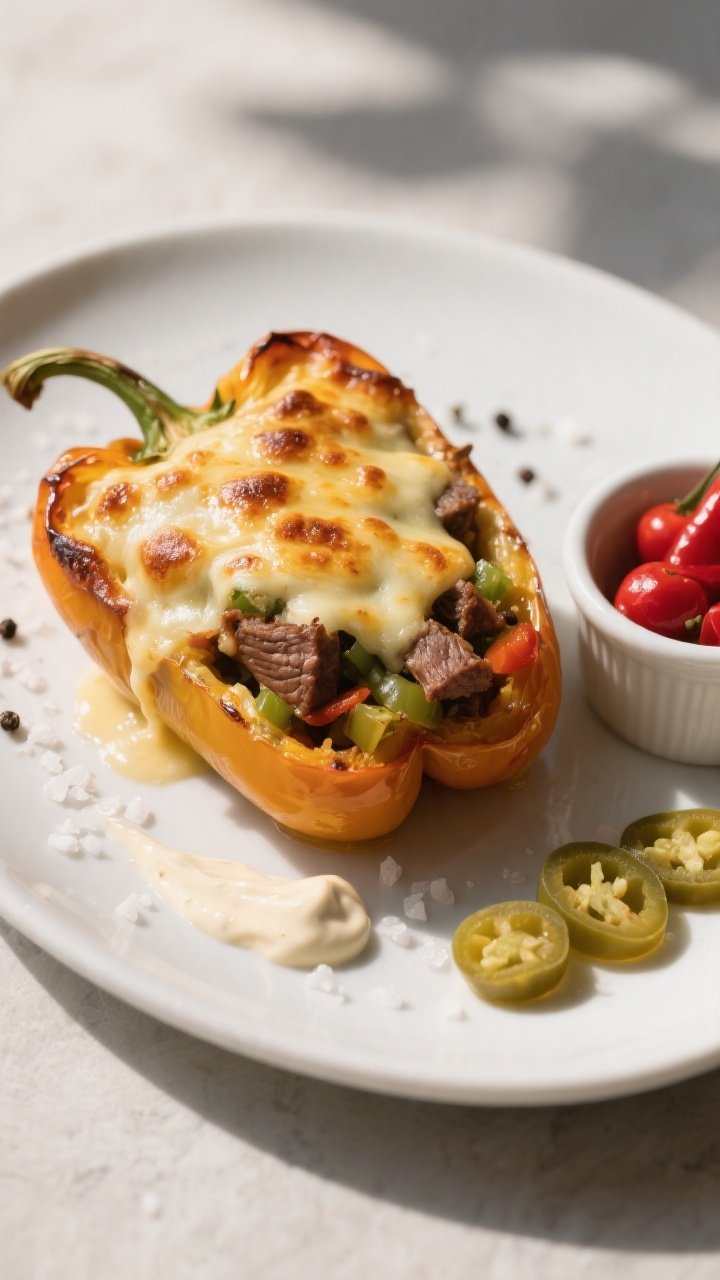 Final stuffed peppers plated: Keto cheesesteak stuffed bell peppers freshly baked, cheese melted and