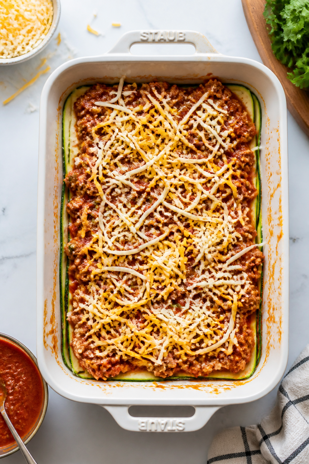 Layering moment overhead: Top-down shot of the casserole mid-assembly in a 9x13 baking dish—thin, 