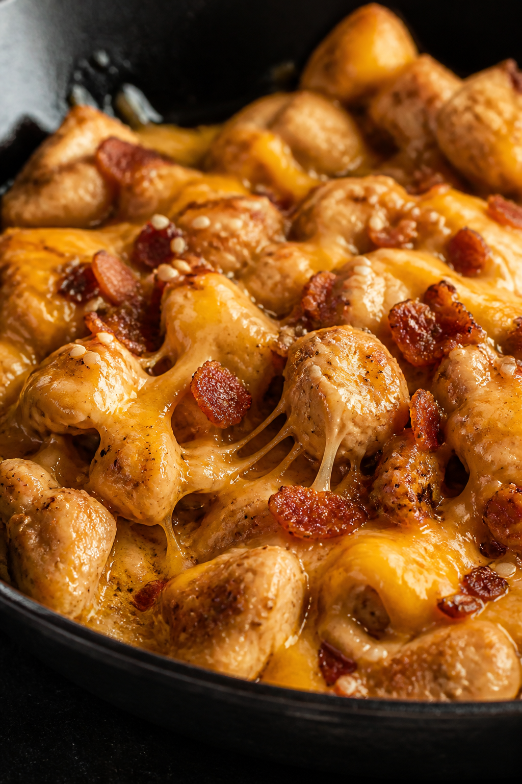 Melty cheese moment: Cheddar-laced turkey bacon mixture in the skillet just after sprinkling with sh
