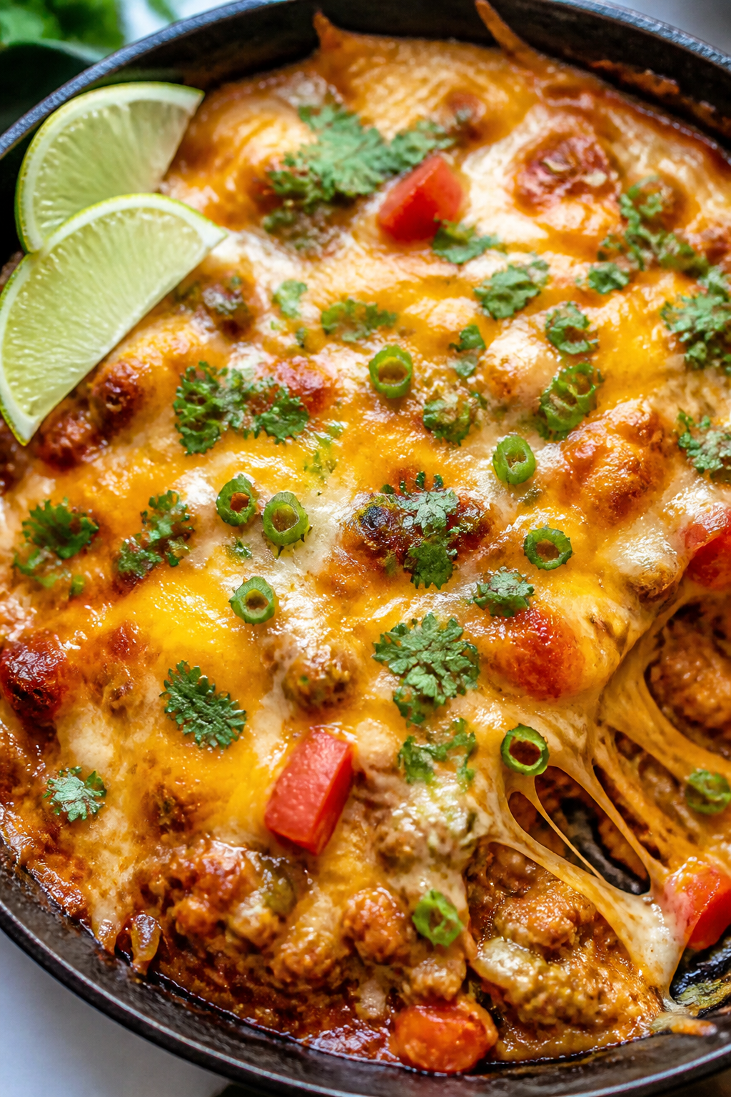 Melty cheese moment: Close-up detail of the nacho-style finish in the skillet, cheese layer perfectl