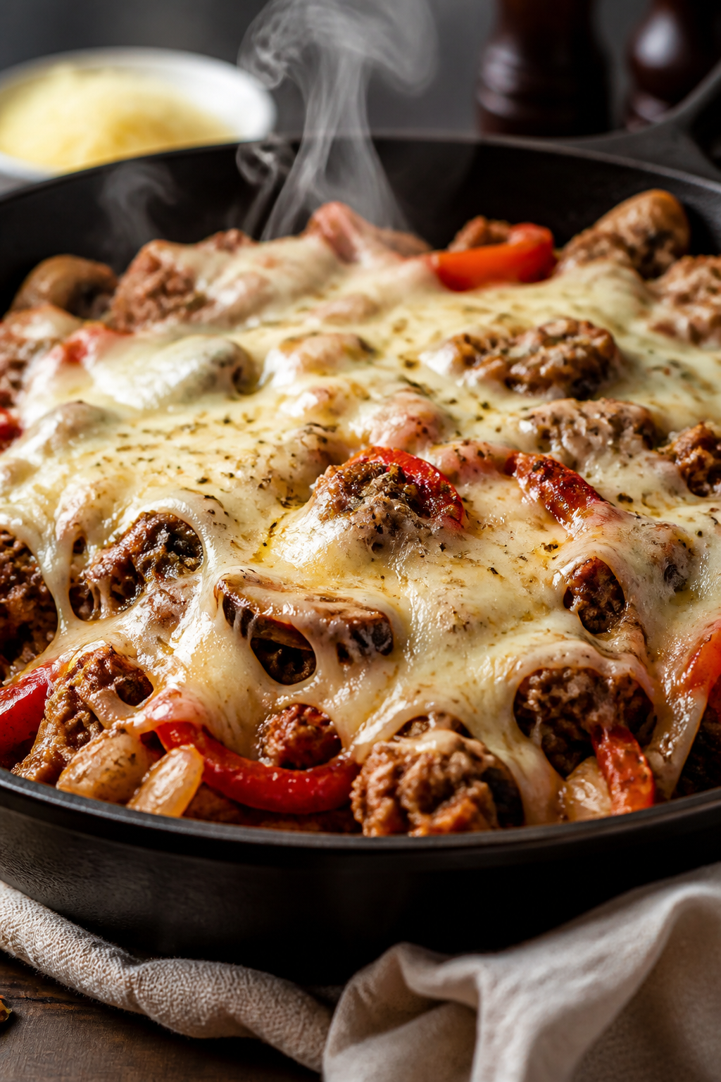 Melty cheese moment: Provolone slice-melt over the turkey-pepper-onion mixture in the skillet, chees