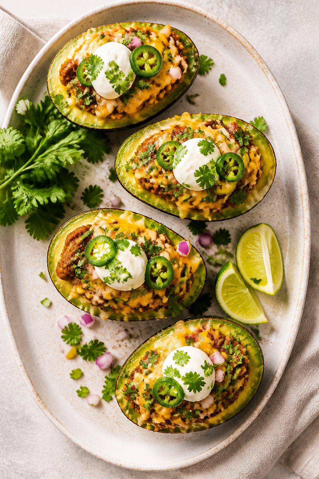 Overhead “assembly” shot: of avocado halves being stuffed with warm, saucy turkey, each well nea