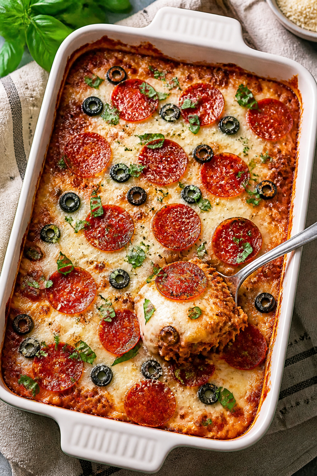 Overhead “bake fresh from the oven” shot: 9x13 ceramic baking dish filled with the Ground Turkey