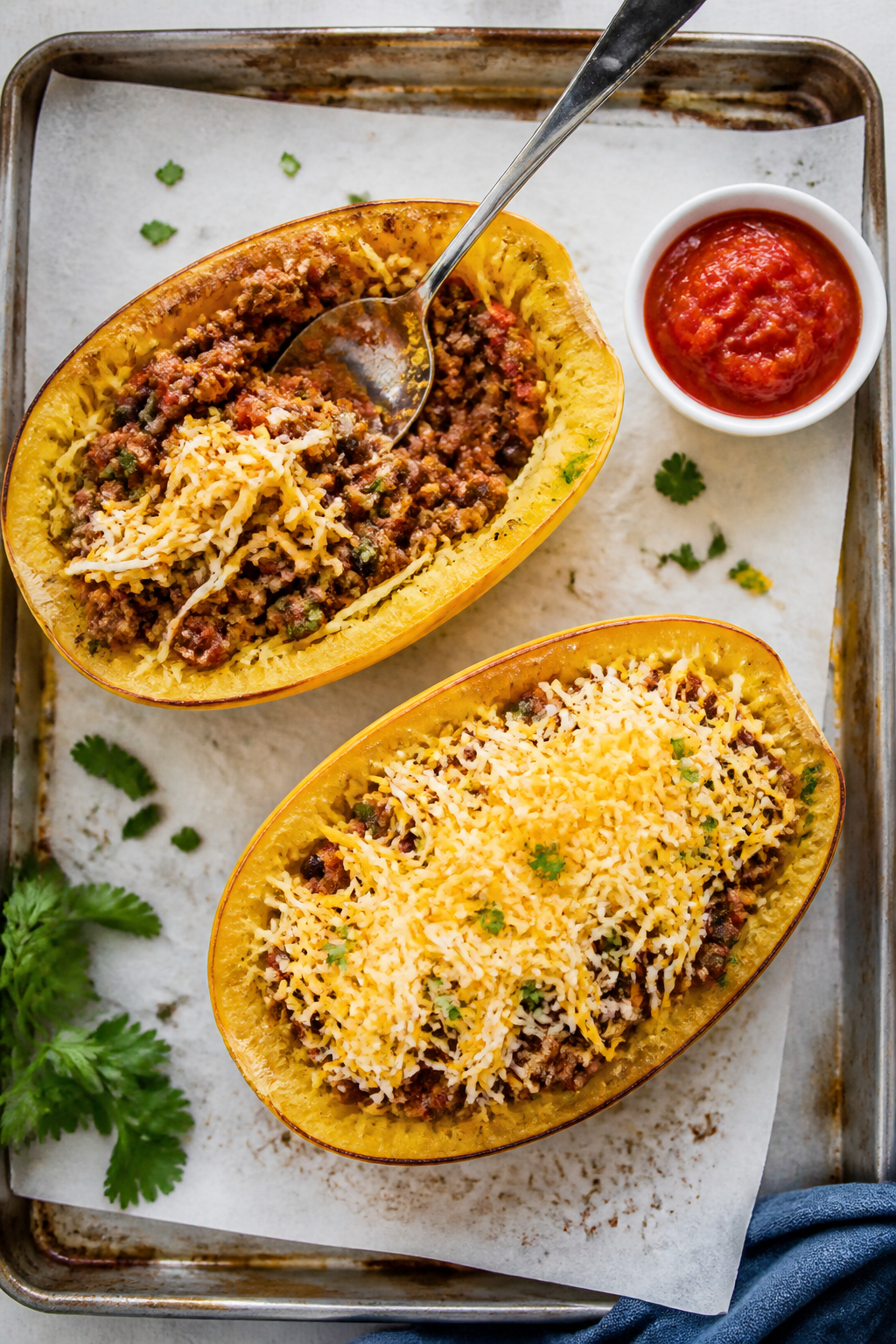 Overhead “boat assembly” shot: Roasted spaghetti squash halves flipped cut-side up on a parchmen