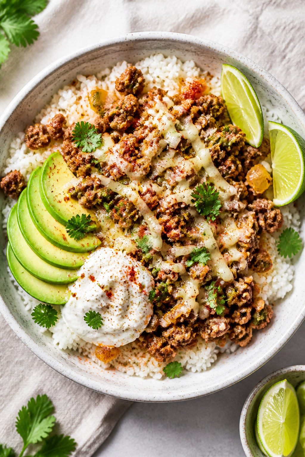 Overhead “build-the-bowl” shot: Tasty top view of a Ground Turkey Bacon Jalapeño Bowl assembled