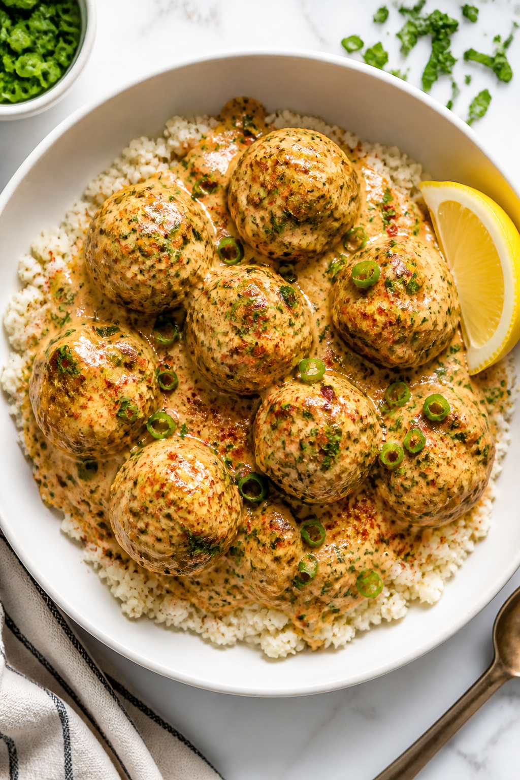 Overhead final dish: Keto Cajun Chicken Meatballs nestled over fluffy cauliflower rice in a wide, sh