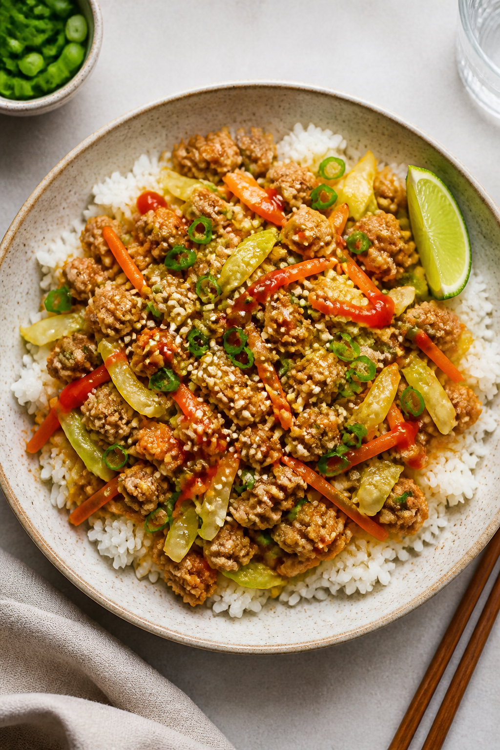 Overhead final dish: Tasty top view of Ground Turkey Cabbage Stir Fry served over fluffy white rice 