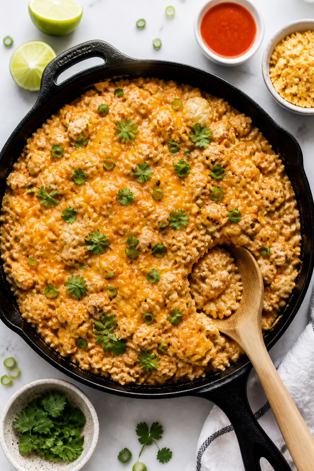 Overhead “from-the-skillet” serving scene: Top-down shot of the finished one-pan skillet dinner,