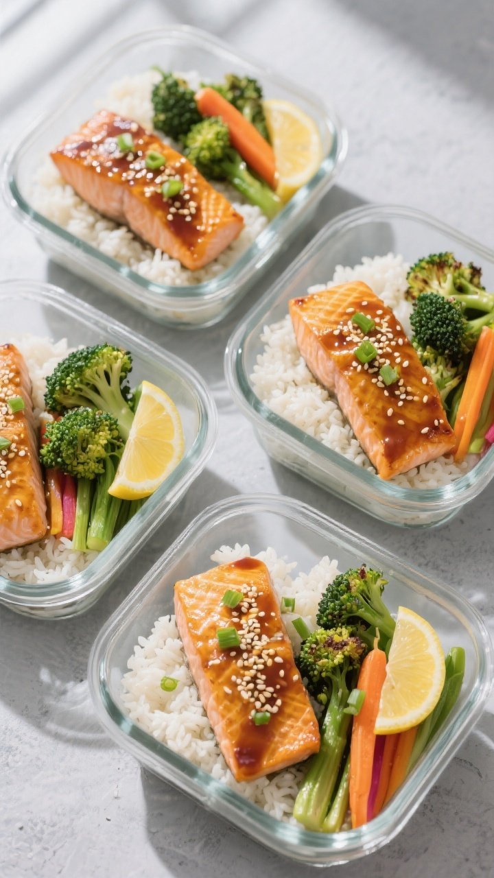Overhead “meal prep bowl” top view: Four neatly arranged glass containers on a cool gray surface