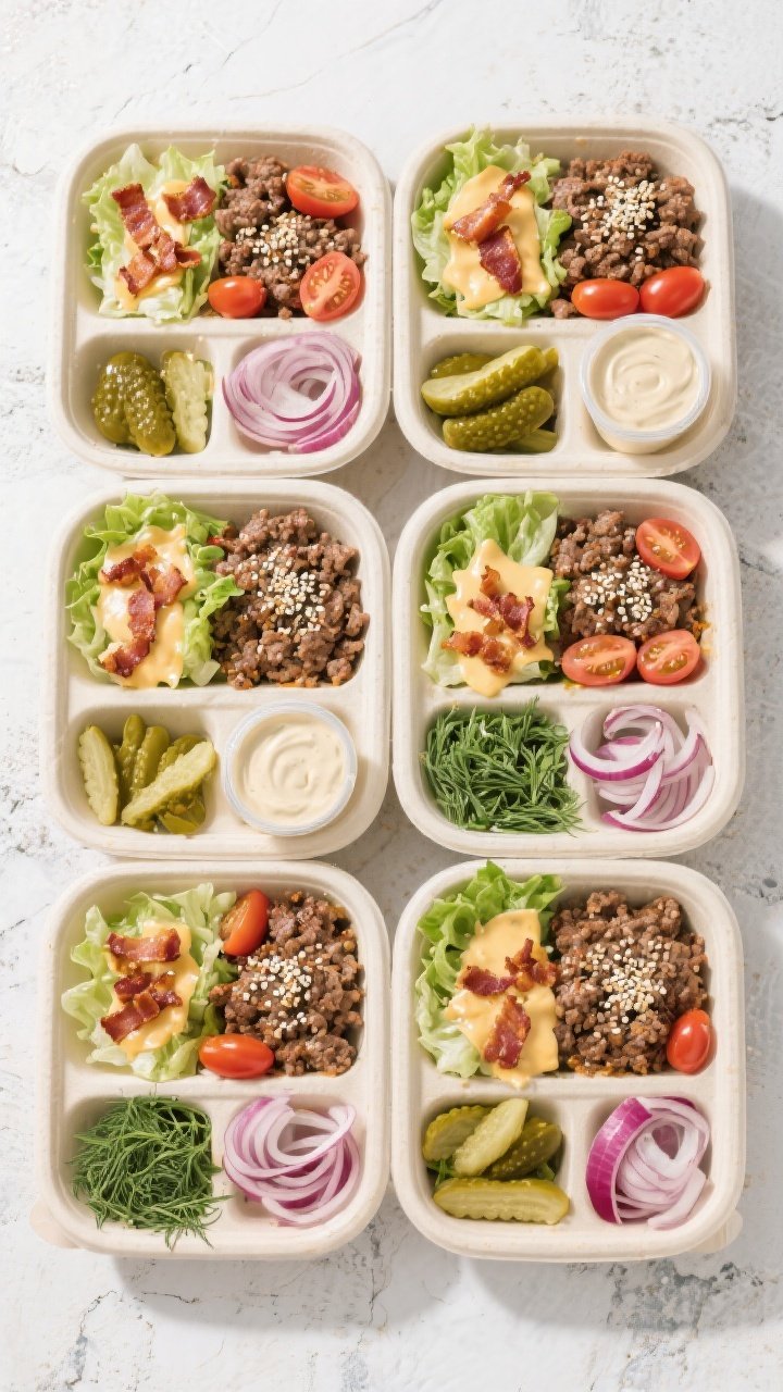 Overhead meal-prep layout: Tasty top view of 4 open meal prep containers arranged grid-style, each w
