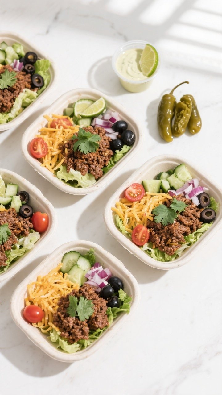Overhead meal-prep layout: Tidy top-down shot of 4 keto loaded taco bowls in shallow, compartment-st