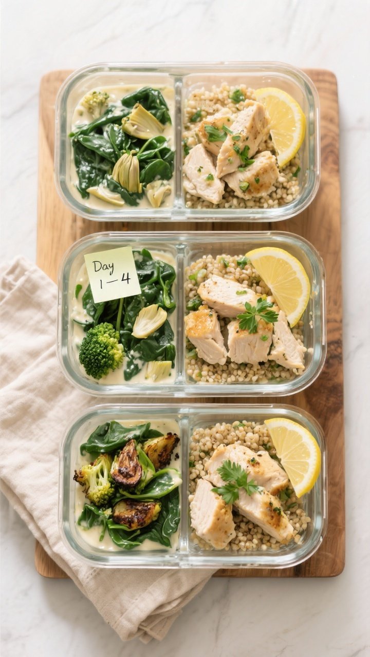 Overhead meal prep reveal: Top-down shot of four airtight glass containers neatly portioned with cre