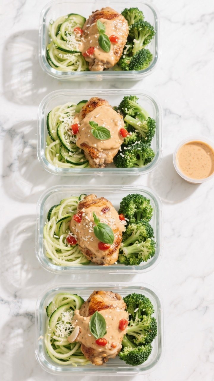 Overhead meal prep scene: of four clear meal prep containers neatly portioned with seared chicken th