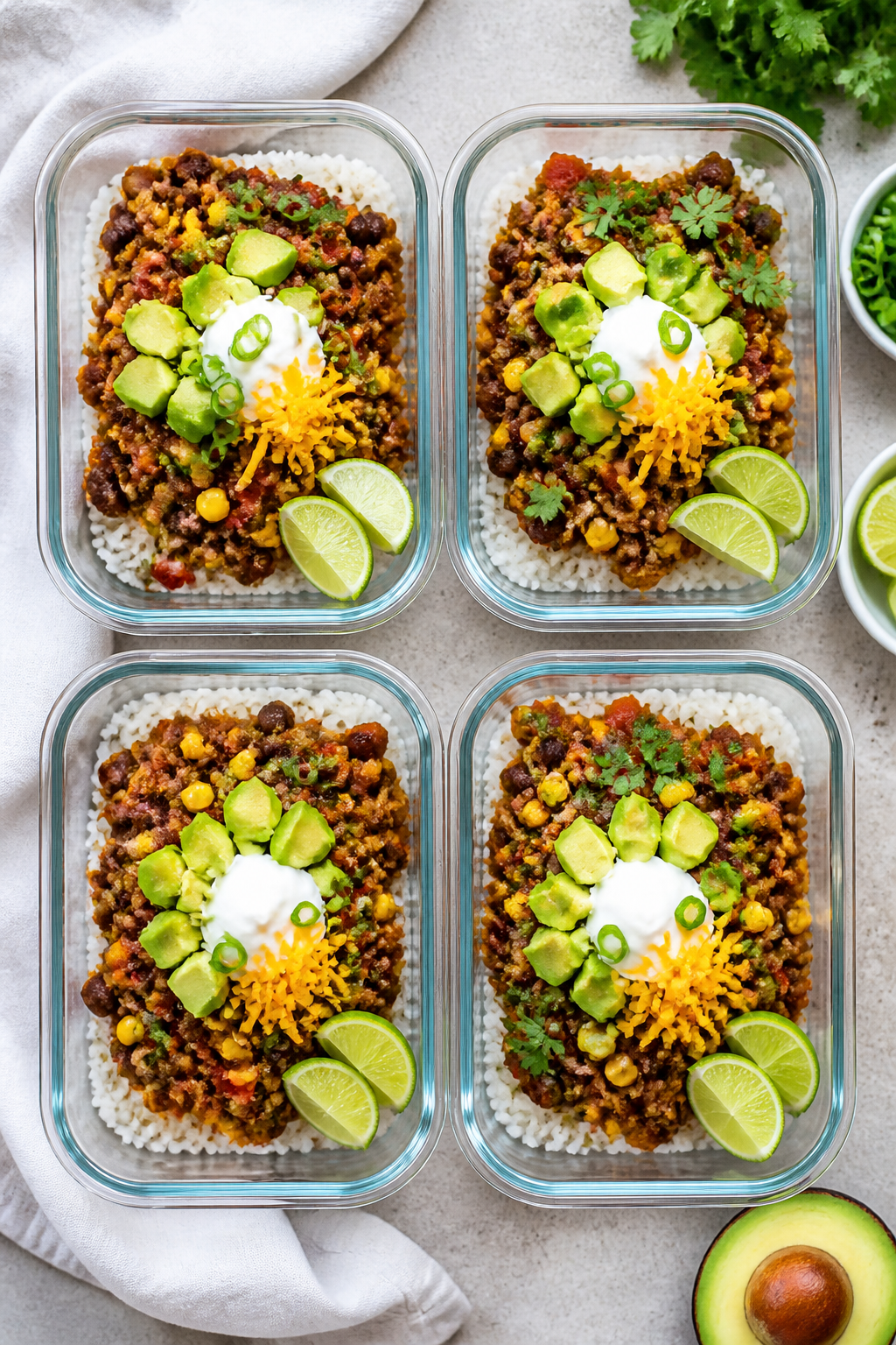 Overhead “meal prep” top view: four glass containers neatly portioned with the cooked turkey-and