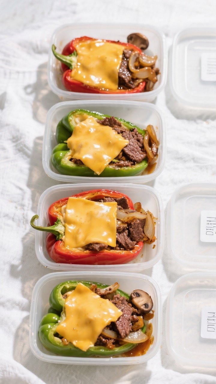 Overhead meal-prep top view: Four meal prep containers neatly arranged, each holding one halved stuf