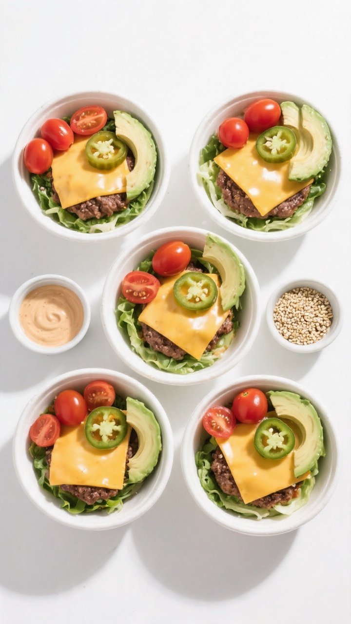 Overhead meal-prep/top view: Four neatly arranged cheeseburger bowls from above, each showing balanc