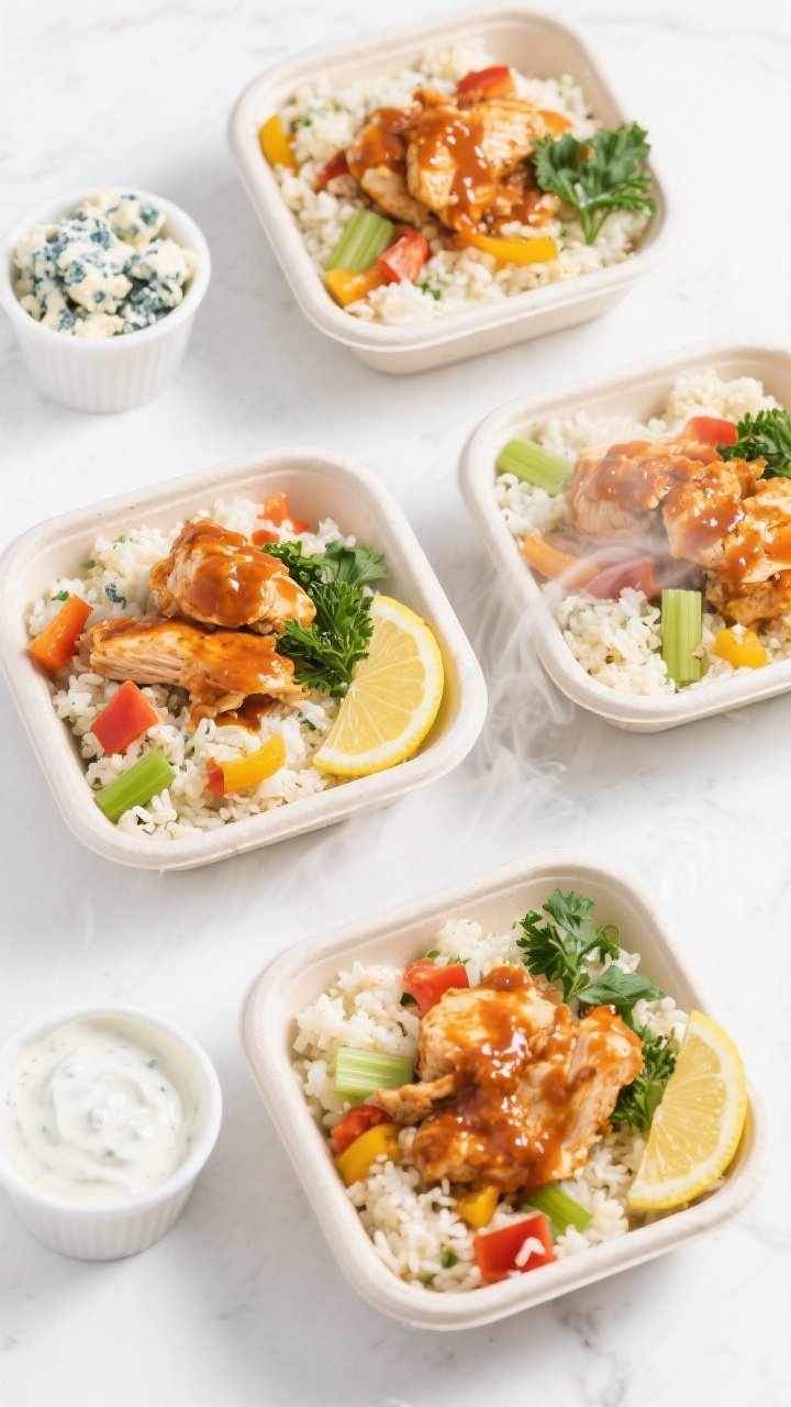 Overhead “meal prep” top view: Four neatly portioned containers filled with fluffy cauliflower r