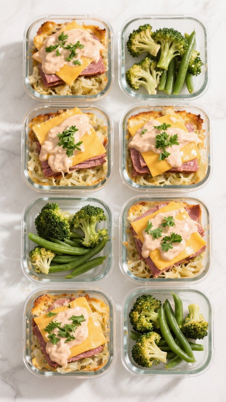 Overhead “meal prep” top view: Neat grid of 6 glass meal prep containers filled with square port