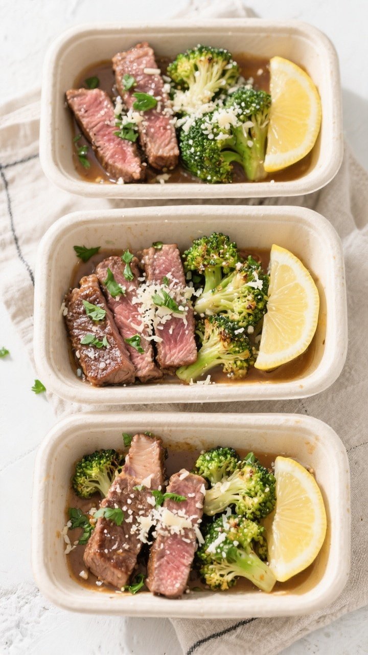 Overhead “meal prep” top view of four neatly portioned containers filled with Garlic Parmesan St