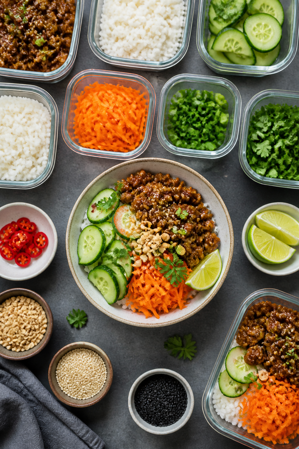 Overhead meal-prep/top view: Tasty top-down shot of multiple turkey bowls and containers arranged fo