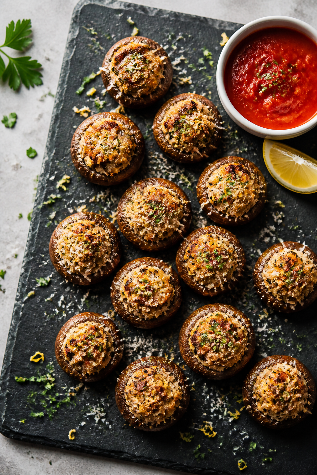 Overhead “party-ready” presentation of stuffed mushrooms arranged on a dark slate platter, mound