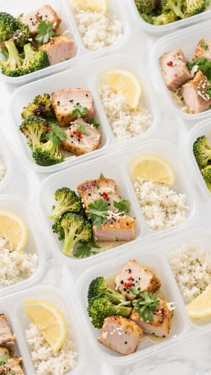 Overhead shot of meal-prep containers neatly arranged, each with a portion of garlic-Parmesan pork b