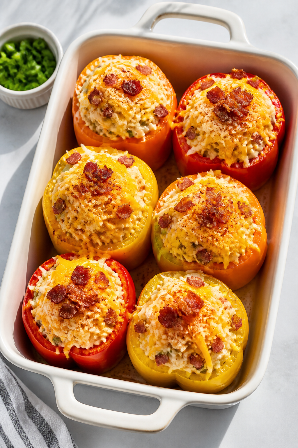 Overhead “stuff and bake” shot: Par-baked bell peppers (mix of red, yellow, and orange) sitting 