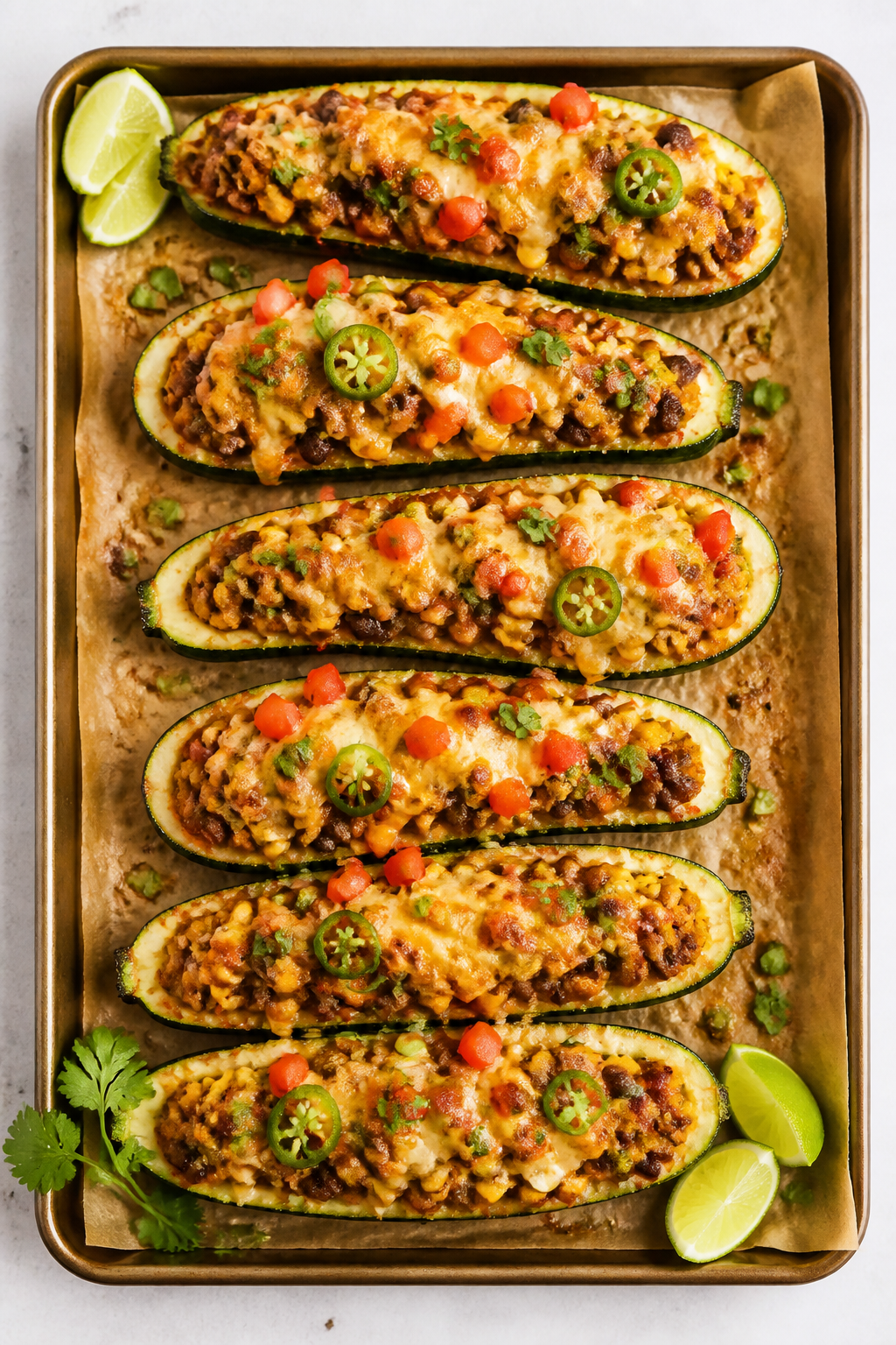 Overhead “tasty top view”: A sheet pan of par-baked zucchini boats stuffed and just out of the o