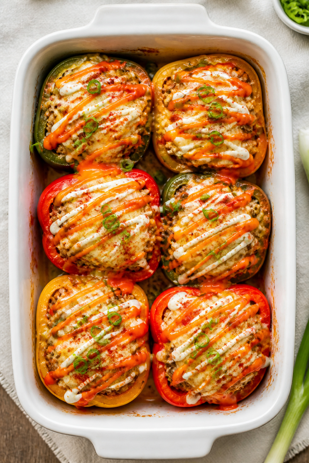 Overhead “tasty top view”: Buffalo ground turkey stuffed peppers just out of the oven in a white