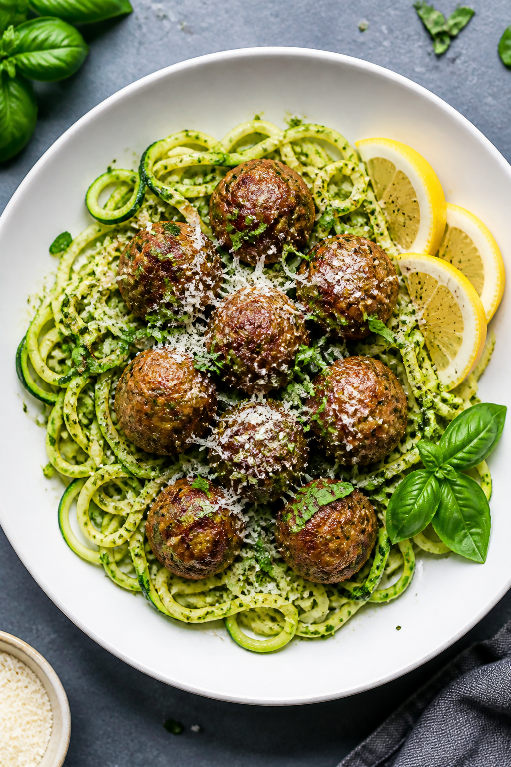 Overhead tasty top view: Final plated meatballs nestled over zucchini noodles lightly coated in glos