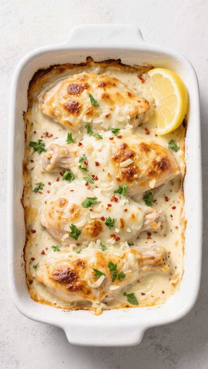 Overhead tasty top view: Keto Garlic Cream Chicken Bake just out of the oven in a 9x13 white cassero