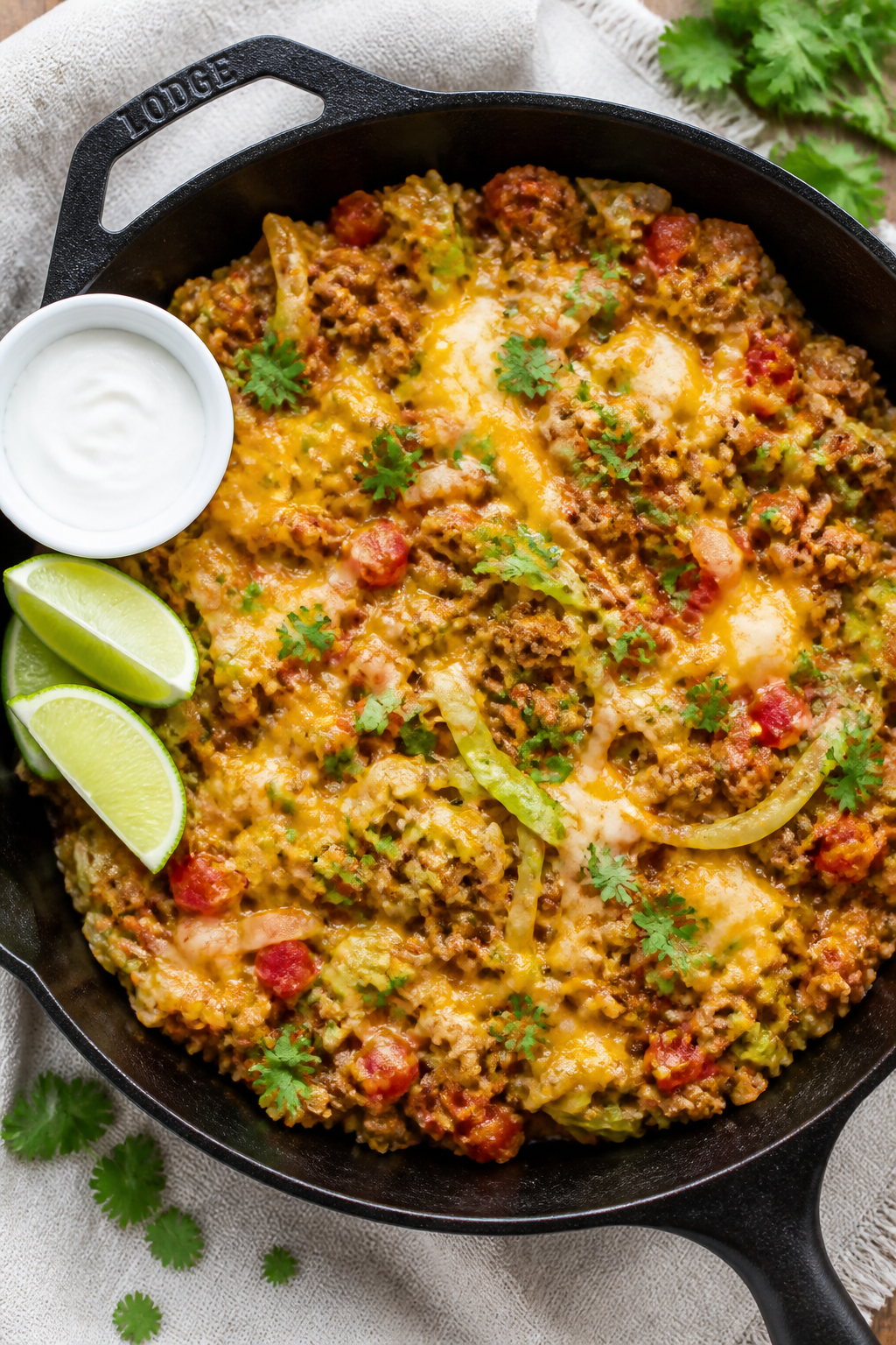 Overhead tasty top view: Keto Turkey Taco Cabbage Skillet after cabbage has wilted tender-crisp, mos