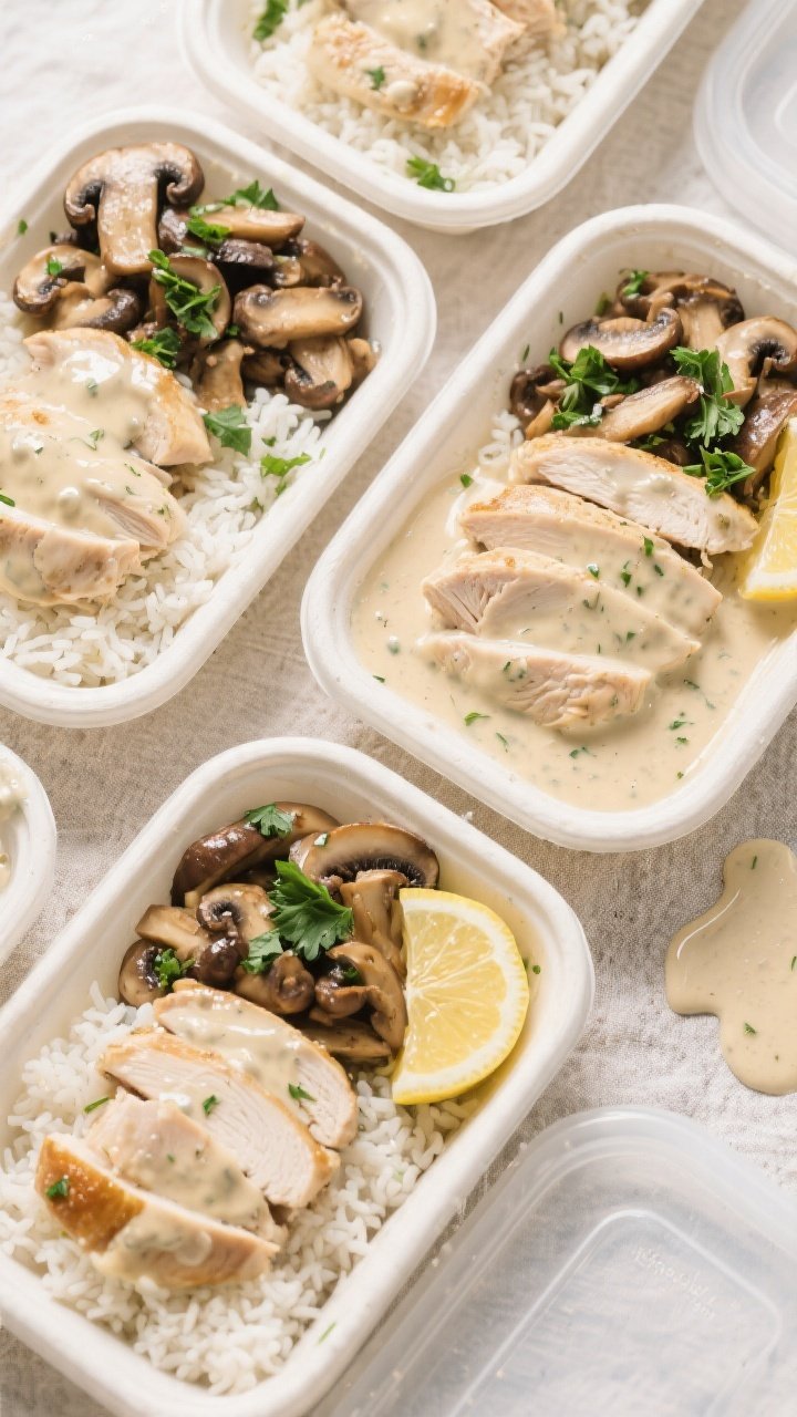 Overhead “tasty top view”: Meal-prep containers neatly arranged, each with a base of fluffy rice