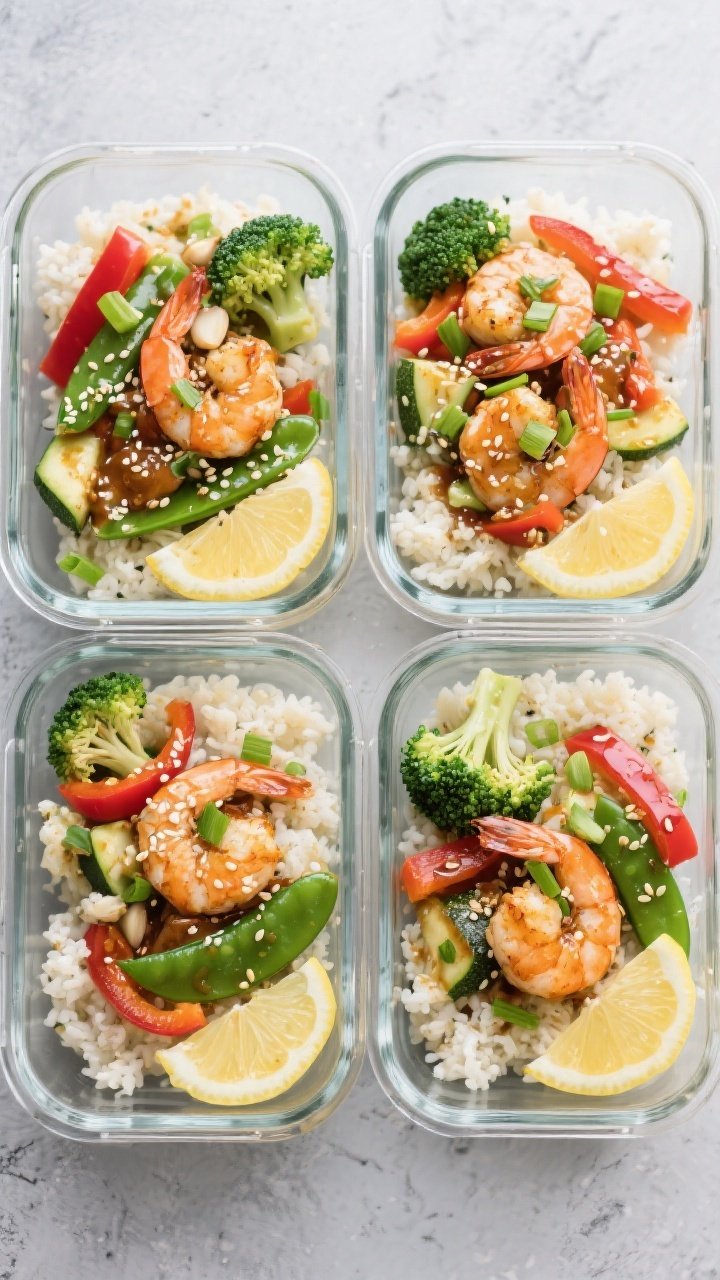 Overhead tasty top view, meal prep: Four neatly arranged glass meal-prep containers filled with caul