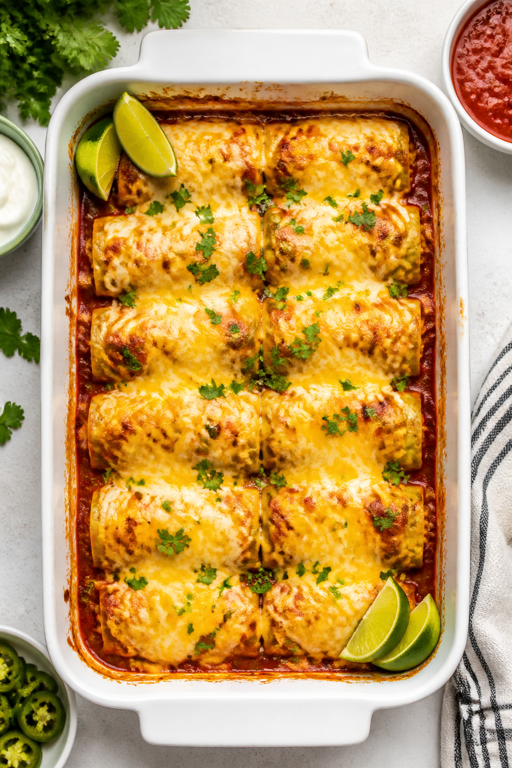 Overhead “tasty top view” of a 9x13 baking dish filled with neatly arranged cabbage rolls post-b