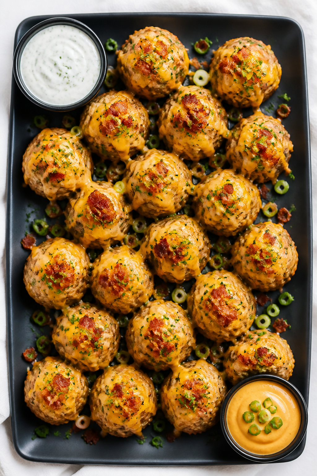 Overhead “tasty top view” of a platter of Keto Crack Chicken Meatballs arranged in a tight grid,