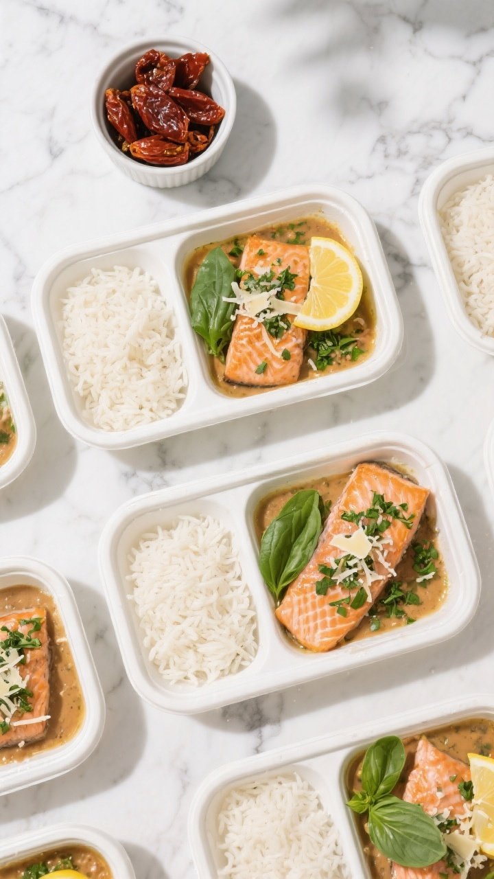 Overhead “tasty top view” of meal-prep containers neatly portioned: one compartment with fluffy 