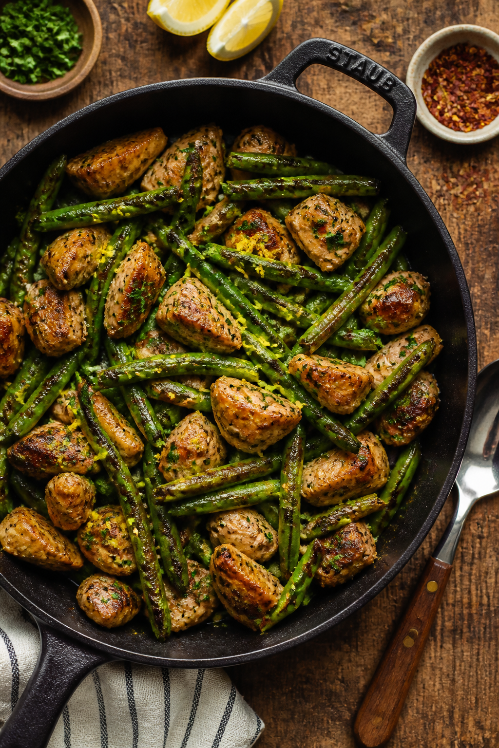 Overhead “tasty top view” of the completed skillet dinner family-style: turkey and green beans t