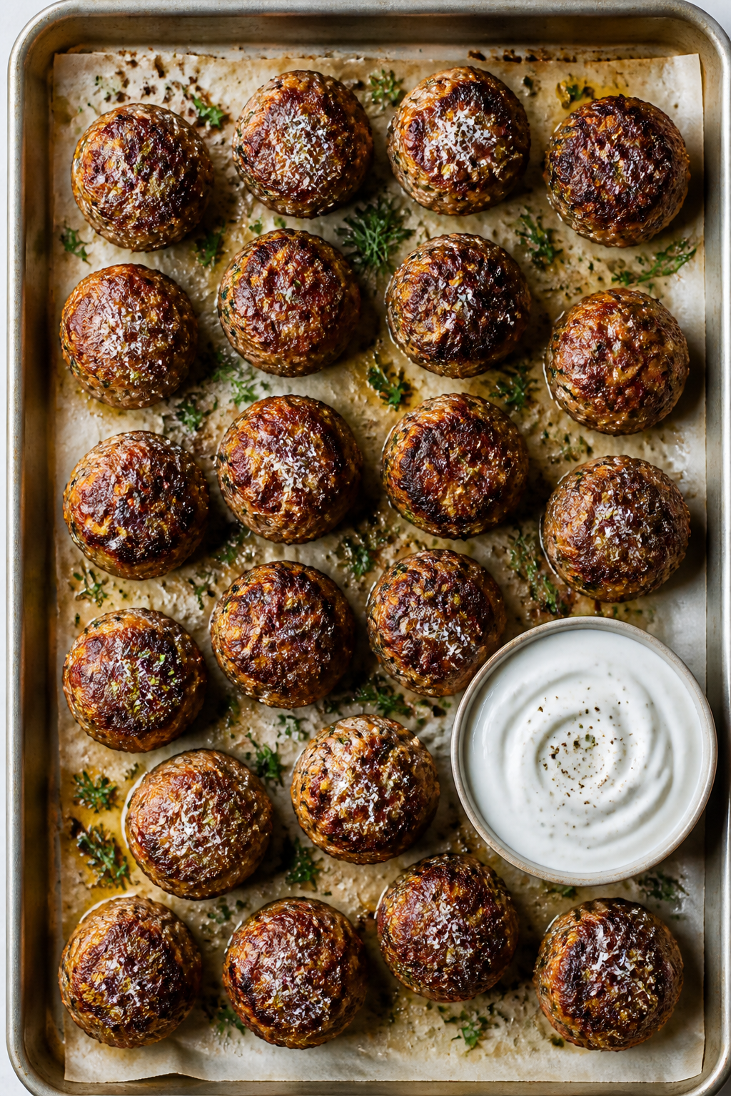Overhead “tasty top view”: Sheet pan array of evenly spaced, fully cooked meatballs at peak brow